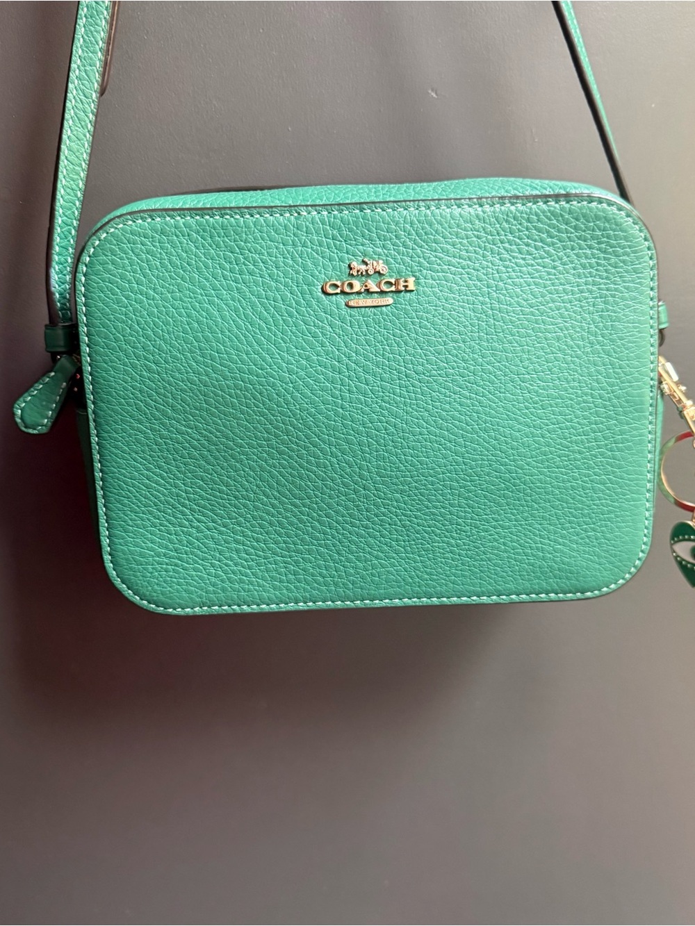 Coach mini Pebbled Leather Camera Bag in bright jade 💚